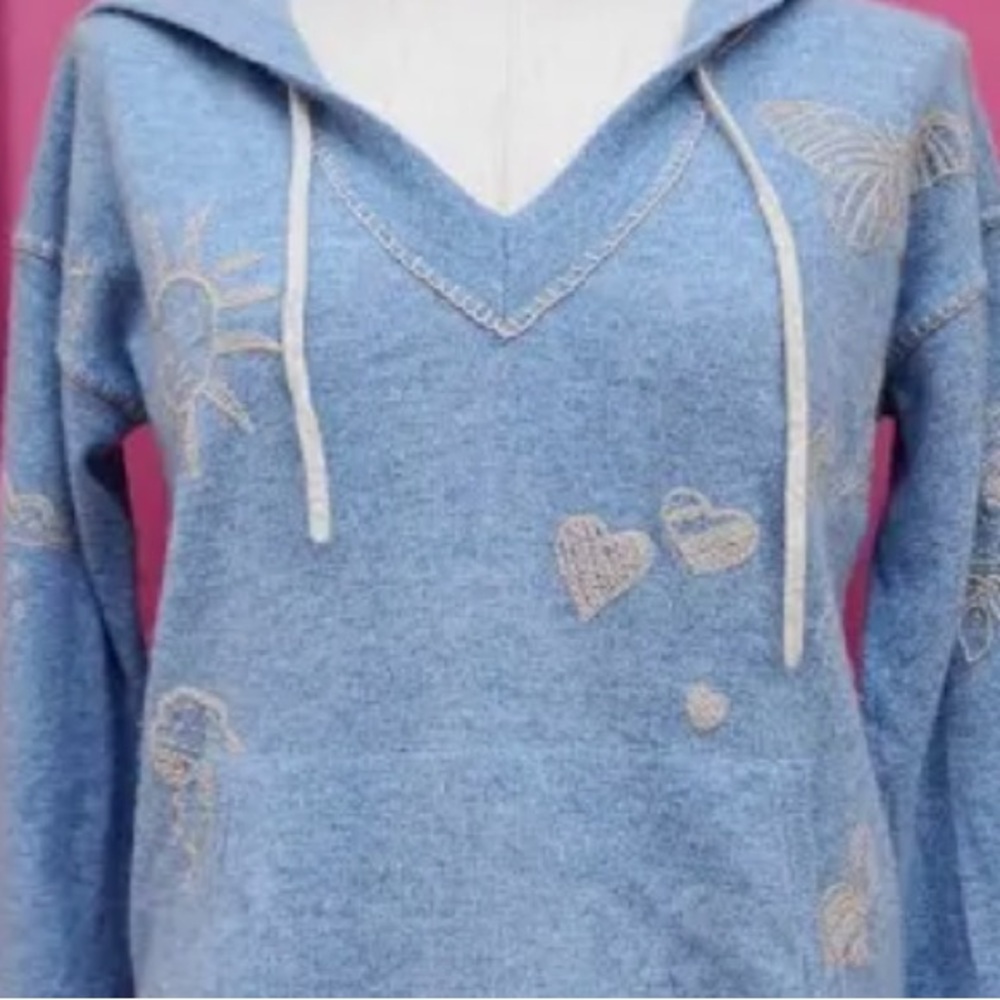 Johnny Was blue cashmere Hoodie with Embroidered Accents